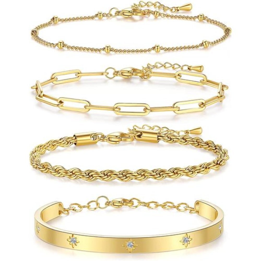 4 Pieces 18K Gold Plated Adjustable Stackable Bracelets Set